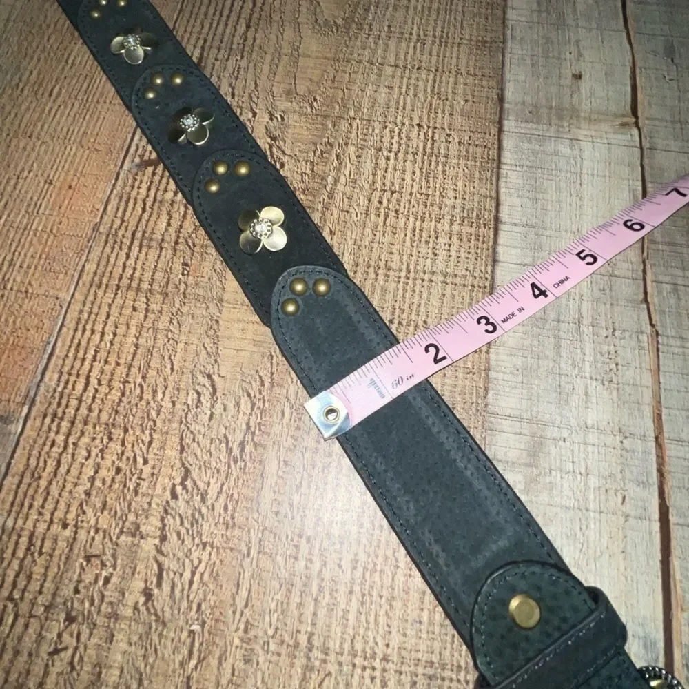 Black leather flower studded belt